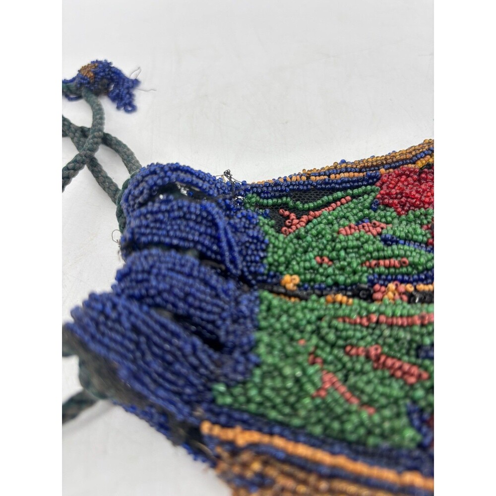 Antique Vintage Glass Micro Seed Bead Purse Floral Drawstring Reticule Handbag - Picture 7 of 8